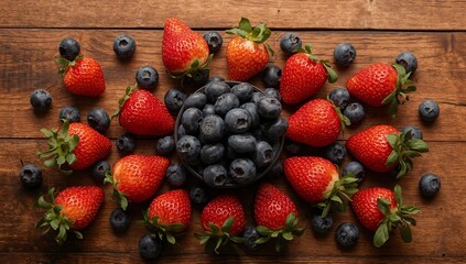 Obraz premium Still Life with Berries on Rustic Wood, Red and Blue Palette, Soft Lighting.