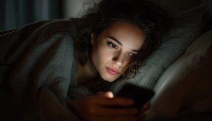 Naklejka premium Portrait Of A Young Sleepy Exhausted Woman In Bed, Struggling To Sleep And Dependent On Smartphone At Late Night