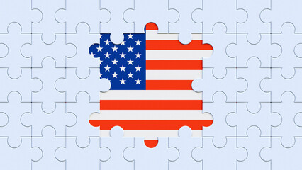 Puzzle with the flag of USA. United States of America flag in frame of white puzzle pieces with missing central parts. Jigsaw with america flag.