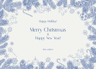 Vintage Christmas illustration frame fir branches, candies, gingerbread, snowflakes, ribbons. Line art Vector Background for design greeting card, holiday decor, poster. Hand drawn elements Blue beige