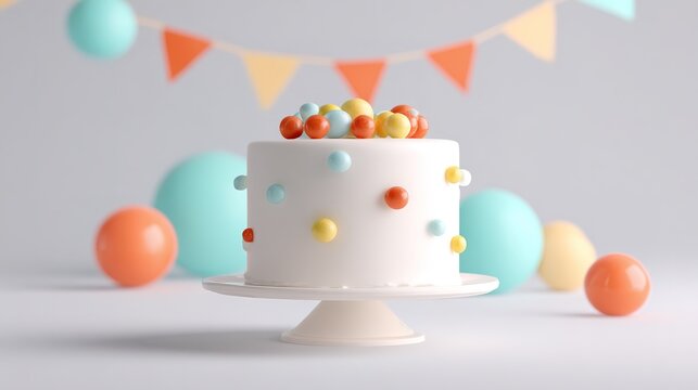 Colorful polka dot cake with balloons and bunting for festive celebration - Powered by Adobe