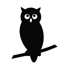 Black owl silhouette perched on a tree branch against a white background