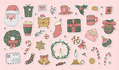 Christmas doodles, cartoon stickers collection for cards, posters, banners, prints, social media visuals, holiday decor, etc. EPS 10