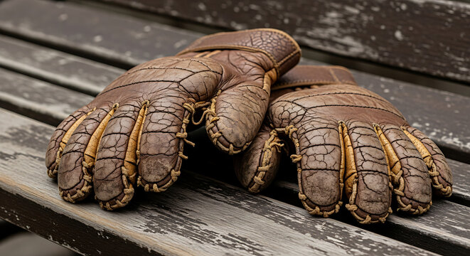 Vintage baseball gloves resting on a wooden bench evoke nostalgia and the spirit of the game