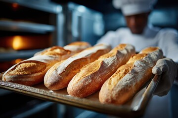 A baker presenting a tray of freshly baked golden baguettes from a hot oven