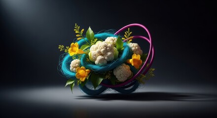 Surreal bouquet of cauliflower and yellow flowers in an abstract nest. Modern food art for wellness and nutrition concepts. Creative vegan lifestyle design element. Healthy eating visual metaphor