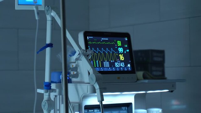Modern medical ventilator monitor displaying vital signs such as heartbeat, oxygen saturation, and respiratory rate in an intensive care unit, tracking a patient's condition during treatment