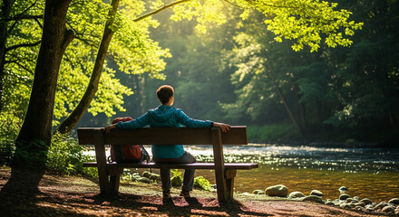 Young person sitting relaxed on bench by river in forest. Concept of healthy lifestyle   