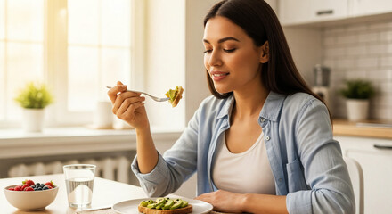 Young woman enjoying healthy breakfast at home sitting at table. Concept of healthy lifestyle   