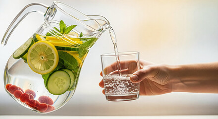 Refreshing infused water with fruits and herbs being poured into a glass. Concept of healthy lifestyle   