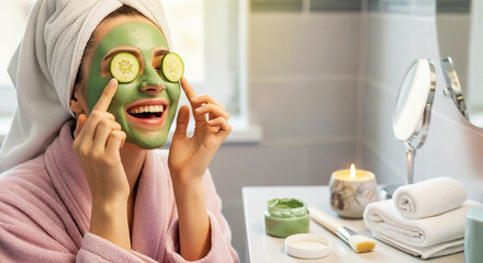 Woman applying green face mask and enjoying spa treatment at home. Concept of healthy lifestyle   