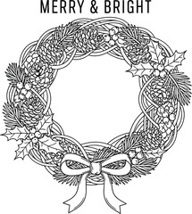 Fototapeta premium Merry and bright christmas wreath with pinecones and ribbon on a white background