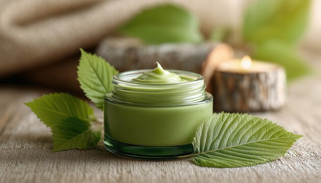 Close Up Vertical Format Image Of A Green Glass Jar Containing A Spa Or Moisturizer Face Cream With Natural Ingredients And Fresh Green Leaves On Wood Bark On Beige Background