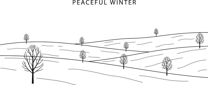 Minimalist winter landscape illustration with snow covered hills and bare trees
