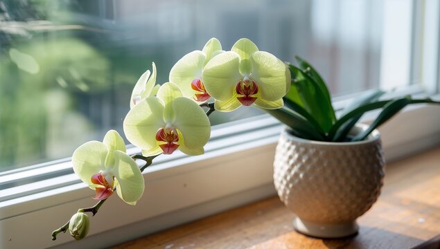 Sunny Still Life with Pale Yellow Orchid on a Rustic Wood Surface, Captured with Warm Light.