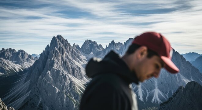 Young adult male hiker in soft focus overlooking a vast mountain range. Majestic alpine landscape with jagged peaks. Concept of personal journey and exploration. Outdoor adventure lifestyle - Powered by Adobe