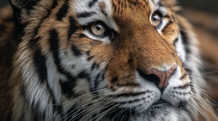 Obraz premium Majestic Close-Up of a Tiger Showcasing Its Striking Fur and Intense Gaze in a Natural Habitat
