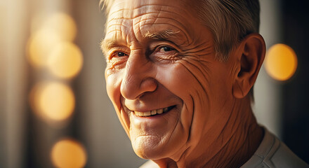 Portrait of a happy senior man with white hair and wrinkles smiling with joy in soft natural light and bokeh background