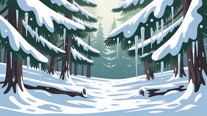 Snowy forest path with icicles hanging from pine branches winter pine trees