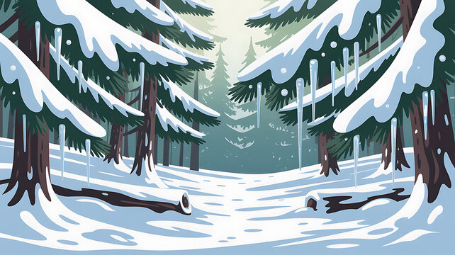 Snowy forest path with icicles hanging from pine branches winter pine trees