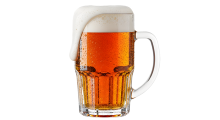 Tall glass mug filled with amber beer and overflowing foam isolated on transparent background