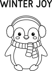 Cute penguin wearing earmuffs and scarf for winter joy coloring page design