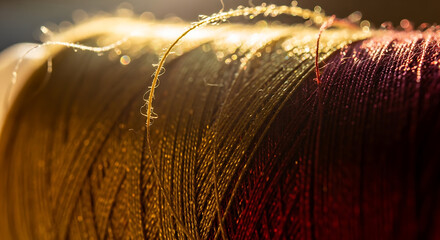 Close-up of spools of colorful thread with water droplets catching sunlight creating a sparkling effect