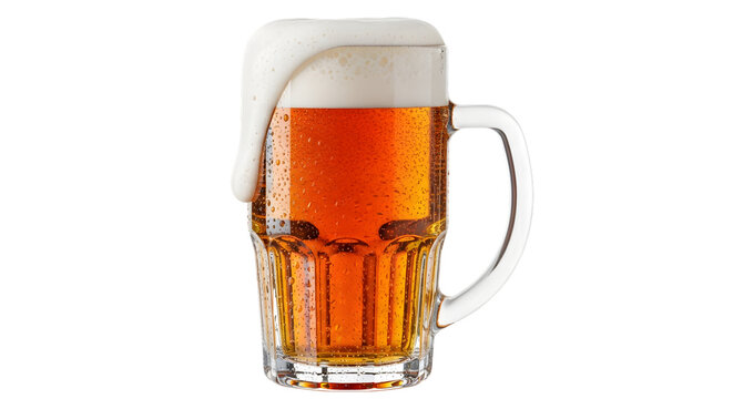 Tall glass mug filled with amber beer and overflowing foam isolated on transparent background