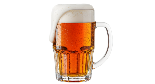 Tall glass mug filled with amber beer and overflowing foam isolated on transparent background