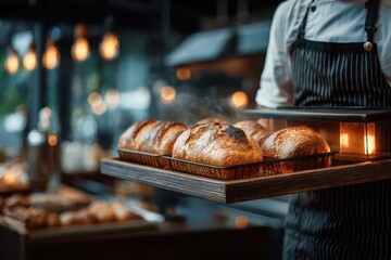 Professional baker presenting freshly baked, steaming rustic bread on a wooden tray in a warm kitchen.