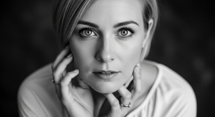 Monochrome close up portrait of an adult Caucasian female. Direct eye contact creating a connection. Skincare and natural beauty concept. Authentic lifestyle and female empowerment