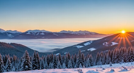 Winter mountain golden hour view