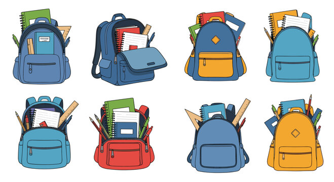 Variety of colorful student backpacks overflowing with school supplies like notebooks, rulers, and pencils, ready for the new academic year.