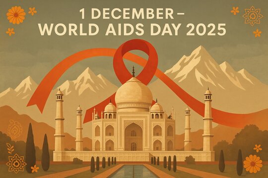 Red ribbon floating over Taj Mahal and Himalayas with text “1 December – World AIDS Day 2025”. Elegant cultural awareness poster.