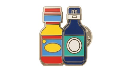 Two enamel pins shaped like colorful condiment bottles one yellow and red the other blue and green