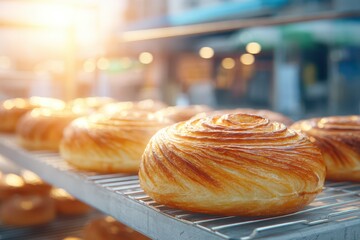 Freshly baked golden spiral pastries on a rack, invitingly lit in a bakery.