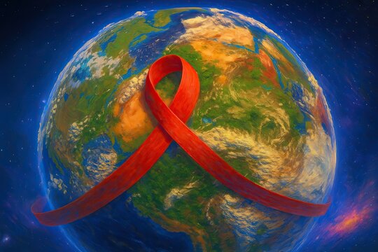 Planet Earth wrapped with red ribbon symbolizing global unity and hope for World AIDS Day. 3D illustration of compassion and solidarity.