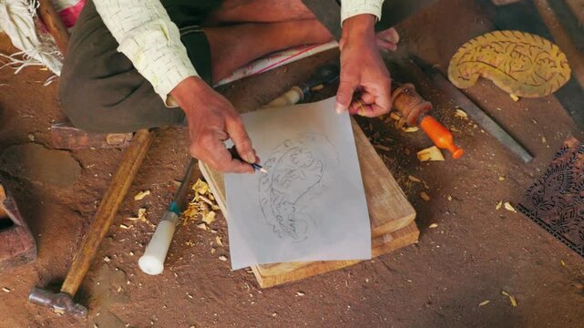 Close-Up of Man&rsquo;s Hands Carving Wooden Block for Block Printing &mdash; Artisan Crafting Traditional Handcrafted Design with Precision Tools, Wood Engraving Process and Cultural Art Form in 4K Ultra HD