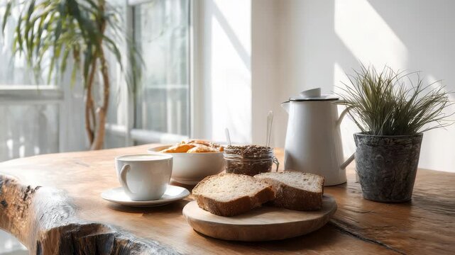 A warm and tranquil morning setup featuring a cup of coffee, sliced bread, and a potted plant on a sunlit wooden table. Ideal for concepts of comfort, slow living, and home lifestyle