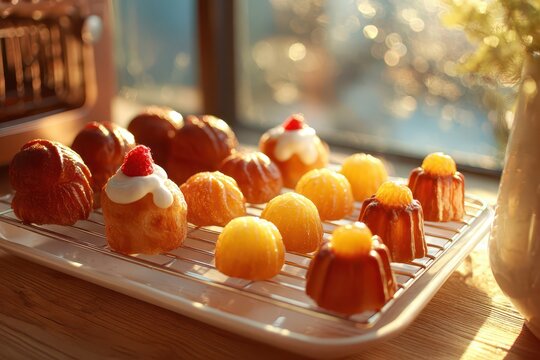 Sweet pastries on a cooling rack, bathed in warm golden light, perfect treat.