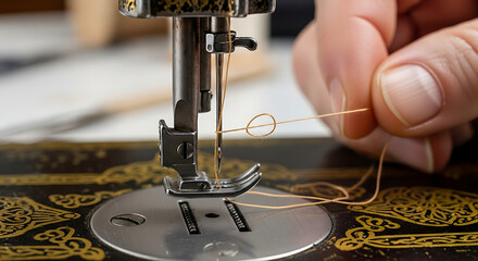 Close-up of hand threading a vintage sewing machine needle preparing for intricate textile crafts and garment repair