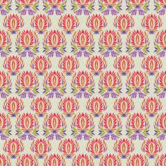 Vintage floral wallpaper with repeating patterns of large flowers and leaves. Earthy tones of brown and green dominate the floral design. Classic vintage style. Vintage art