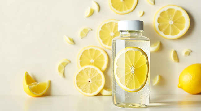 Clear water bottle with lemon slice inside surrounded by lemon slices and wedges on light surface, evoking freshness and zest
