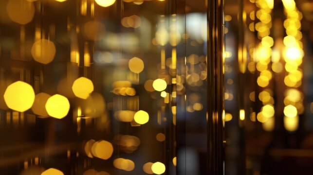 A close-up view of shimmering golden bokeh lights reflecting off a smooth surface. The scene creates a warm and inviting atmosphere.