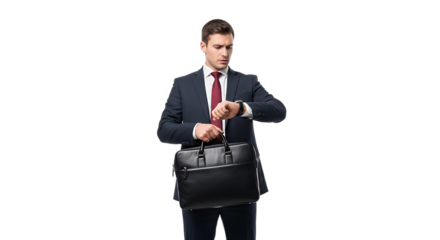 A focused businessman in a sharp suit checks his wristwatch while holding a sleek black briefcase demonstrating punctuality and professionalism in a business context isolated on a clean background