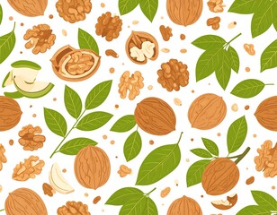 Cartoonish walnuts with leaves scattered on a white background