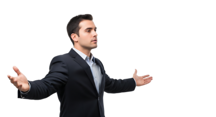 A Confident Businessman in a Formal Suit Gesturing Openly While Speaking Engagingly to an Unseen Audience with Professionalism and Eloquence