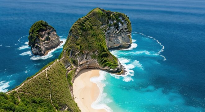 Dramatic cliff formation on a tropical island. Aerial perspective of a secluded white sand beach and turquoise ocean. Exotic travel destination for adventure and summer holidays