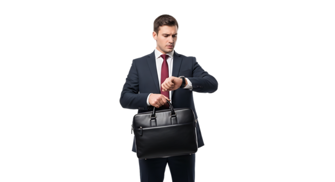 A focused businessman in a sharp suit checks his wristwatch while holding a sleek black briefcase demonstrating punctuality and professionalism in a business context isolated on a clean background