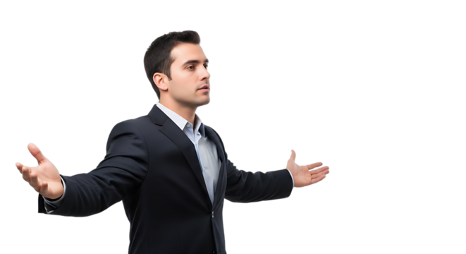 A Confident Businessman in a Formal Suit Gesturing Openly While Speaking Engagingly to an Unseen Audience with Professionalism and Eloquence